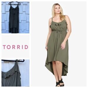 Torrid Olive Green Ruffle High Low Midi Dress Spaghetti‎ Strap 4X